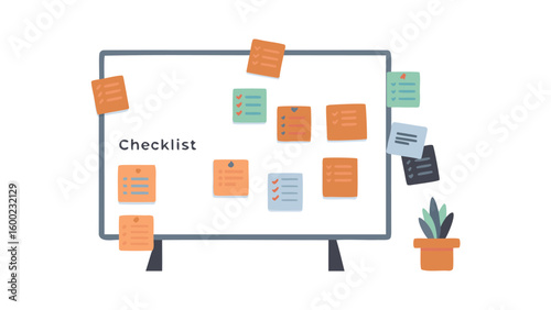 Whiteboard with checklist and notes in orange green and blue colors with a plant in a pot at the bottom