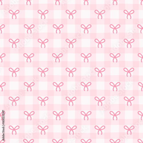 Preppy bow seamless pattern on a pink checkered background. Vector cute cartoon hand drawn illustration. Ideal for textile printing, baby clothes, wallpaper, packaging, notebooks, scrapbooking.