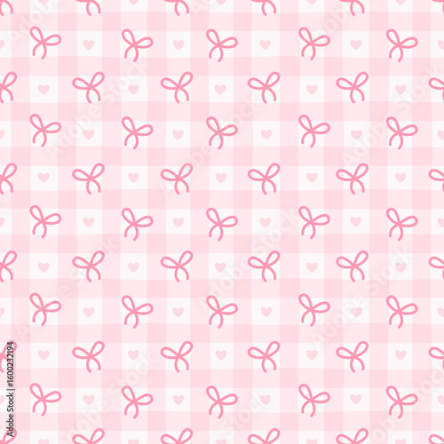 Preppy bow seamless pattern on a pink checkered background. Vector cute cartoon hand drawn illustration. Ideal for textile printing, baby clothes, wallpaper, packaging, notebooks, scrapbooking.