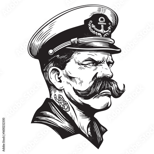 Character portrait of a stern sailor with a prominent mustache