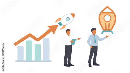 Illustration showing business growth with upward graph and two men presenting rockets idea to investors