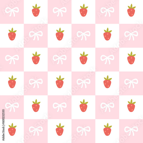 Preppy flirty strawberry with bow in frame seamless pattern on a cell background. Vector cute cartoon hand-drawn illustration. Tartan check for textile, baby clothes, wallpaper, scrubbing