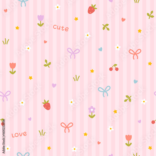 Preppy kawaii seamless vector pattern with cute hand drawn doodles on a pink striped background. Berries, strawberries with bows and flowers in a pastel palette, simple naive cartoon style.