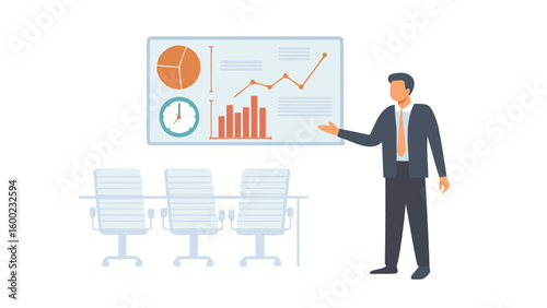 Man presenting business data on a screen with charts and graphs in a meeting room setting shown here