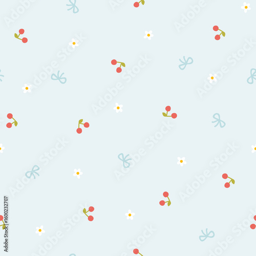 Preppy flirty cherry, bow and small meadow chamomile flowers seamless pattern on blue background. Vector cute cartoon hand-drawn illustration. Ideal for printing, baby clothes, wallpaper, scrapbooking