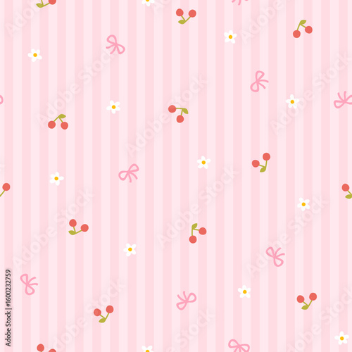 Preppy cherry small flowers and bows seamless pattern vertically striped background. Vector cute cartoon hand-drawn illustration. Ideal for printing, baby clothes, wallpaper, packaging, scrapbooking.