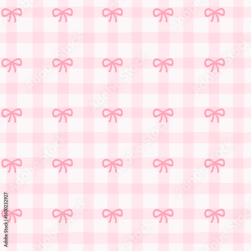 Preppy bow seamless pattern on a pink checkered background. Vector cute cartoon hand drawn illustration. Ideal for textile printing, baby clothes, wallpaper, packaging, notebooks, scrapbooking.