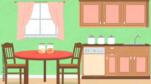 A kitchen and dining area in a simple, flat design.