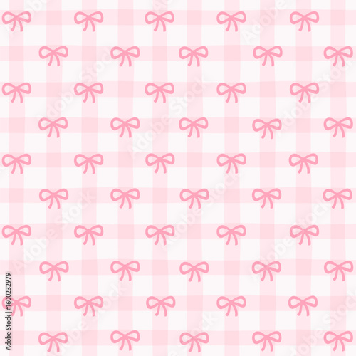 Preppy bow seamless pattern on a pink checkered background. Vector cute cartoon hand drawn illustration. Ideal for textile printing, baby clothes, wallpaper, packaging, notebooks, scrapbooking.