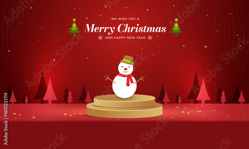 Creative Christmas vector banner with smiling snowman on a golden podium, red winter forest background, and holiday greeting text. Perfect for seasonal cards, ads, and digital promotions.