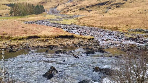 Serene Mountain Stream Flowing Through a Lush Valley Landscape