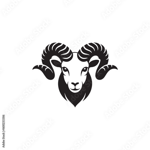 Strong Black Ram Silhouette with Large Horns Standing - Majestic Bighorn Sheep Vector Illustration for Wildlife, Zodiac, and Farm Designs

