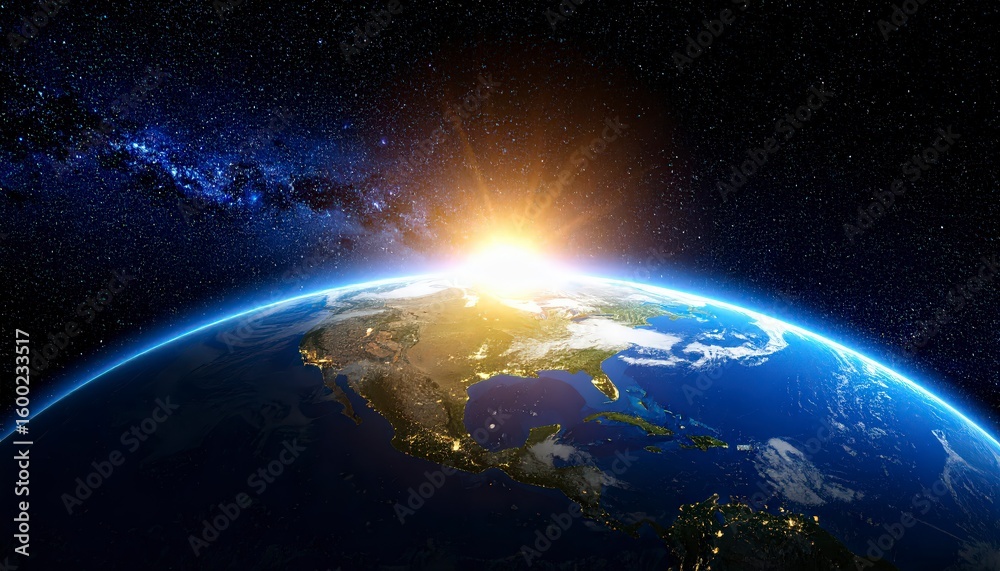 Fototapeta premium Light beams from a cosmic nebula bursting behind Earth, side lighting, shadows across