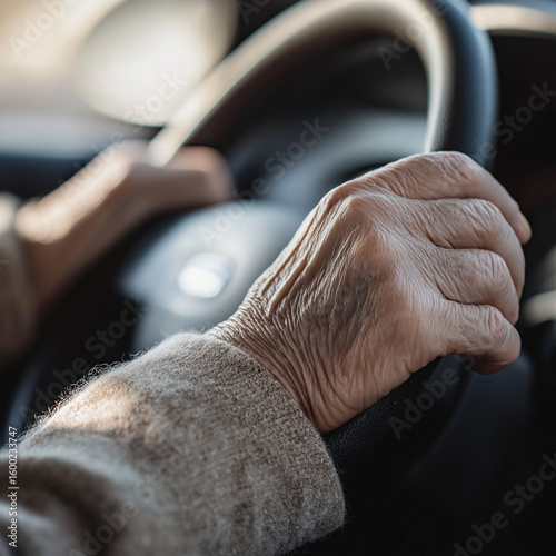 Senior driving while holding the steering wheel on a sunny day in a car