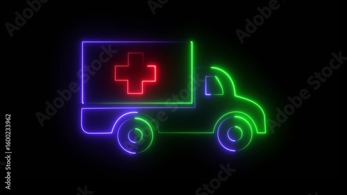 Ambulance Neon Icon Animation – Glowing Emergency Vehicle Motion on black background . 4k video 