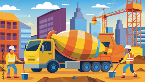 Yellow cement mixer truck with workers on construction site building crane