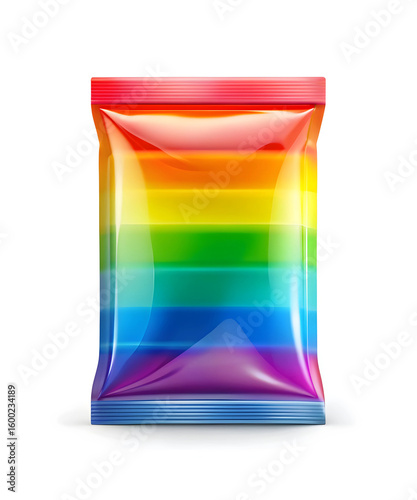 Blank rainbow plastic bag. Food snack, chips packaging isolated on white beckground, use for template your design. rendering mockup template
