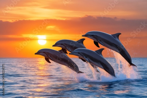 Fototapeta Naklejka Na Ścianę i Meble -  Group of dolphins jumping out of the water at sunset