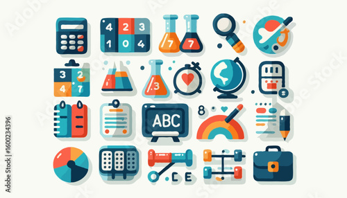 Flat vector icons representing school subjects