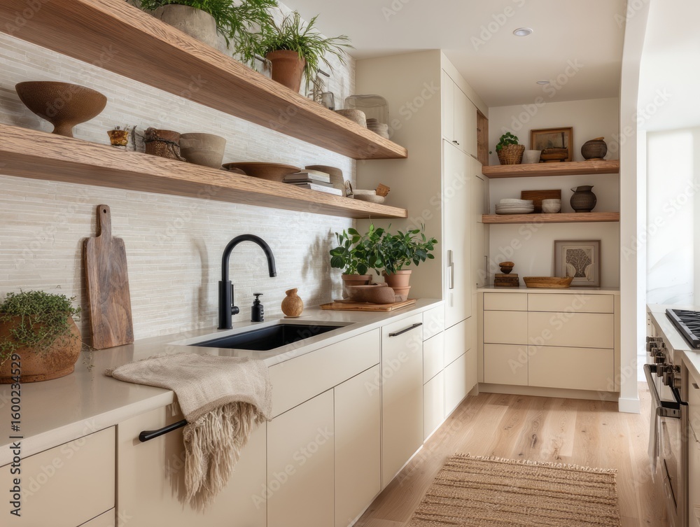 Fototapeta premium A modern kitchen with open shelving and warm tones.