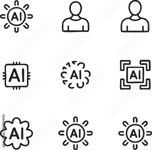 Ai technology vector icon set outline icons,editable stroke artificial intelligence,human,cpu,tech,neural network,robot,user,digital brain