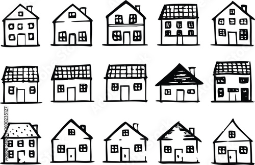 Collection of hand drawn house silhouettes isolated on white background