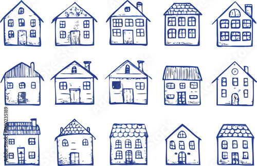 Collection of hand drawn house silhouettes isolated on white background