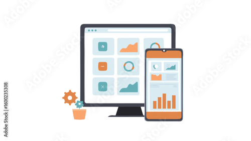 Illustration of a desktop computer and a mobile phone displaying data charts and graphs on their screens