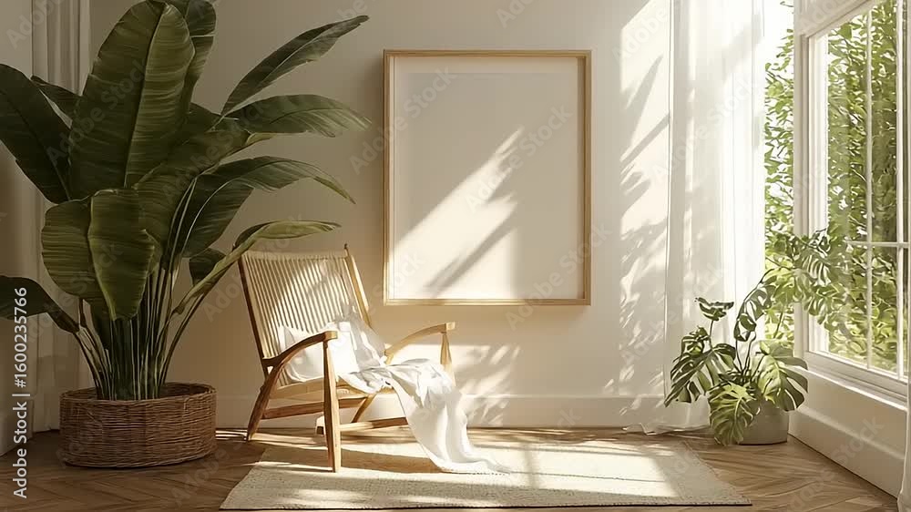 Sunlit living room with wicker chair and plants