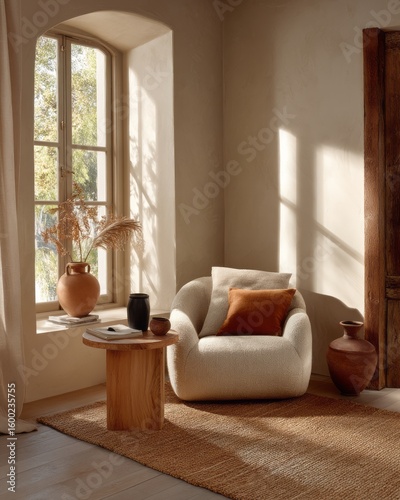 A cozy living room corner with warm tones and natural elements.