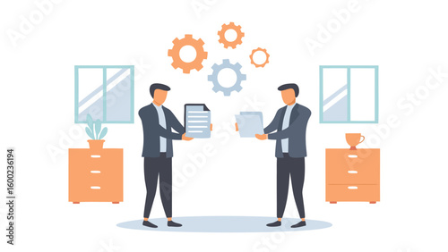 Two men exchanging documents under gears in an office with cabinets and windows illustrated