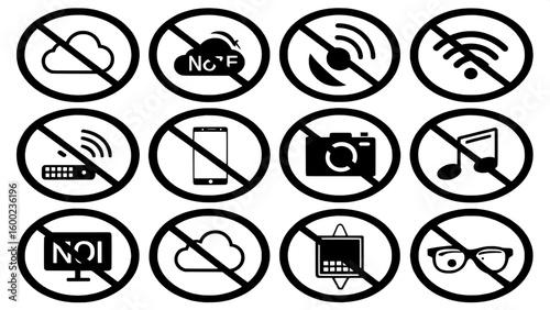 Twelve digital prohibition signs designed for sensitive zones, in a clear, flat style. Icons show actions like cloud syncing, NFC usage, phone alarms, smart glasses, and more. Each is visually distinc