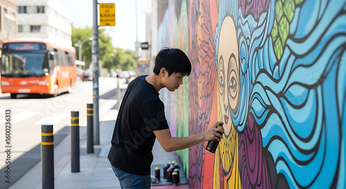A young man spray painting a colorful mural on a wall in an urban setting with a bus nearby