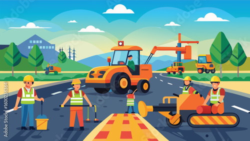 Construction workers paving road with machinery and equipment road construction asphalt