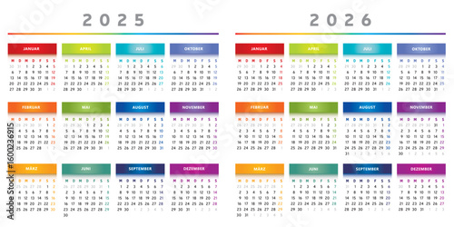 Calendrier 2025 et 2026 en Allemand - Couleurs Arc-en-Ciel Format 4 Trimestres