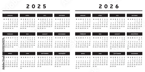 Calendrier 2025 et 2026 en Allemand - Couleurs Noir et Blanc Format 4 Trimestres