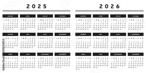 Calendrier 2025 et 2026 en Francais - Couleurs Noir et Blanc Format 4 Trimestres