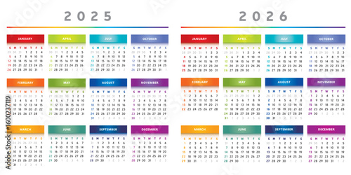 Calendrier 2025 et 2026 en Anglais - Couleurs Arc-en-Ciel Format 4 Trimestres