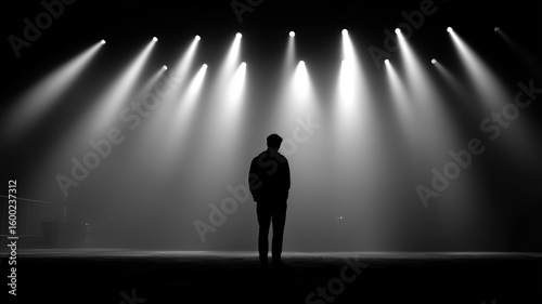 This lone figure feels intense emotion amid bright lights in a dark setting.