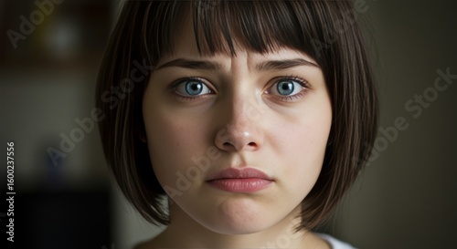 Intense portrait of a blue eyed young woman expressing worry and concern with expressive eyes and