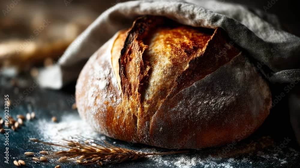 Golden crusted bread emerges from the oven, showcasing a rustic charm in a cozy kitchen setting filled with warm tones and natural light