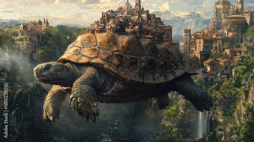 Enormous tortoise carries a fantastical city through the air.