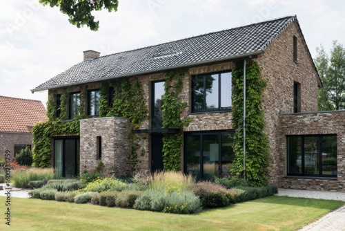 Wallpaper Mural Modern brick house surrounded by greenery in a suburban neighborhood, showcasing contemporary architecture and lush landscaping in daytime Torontodigital.ca