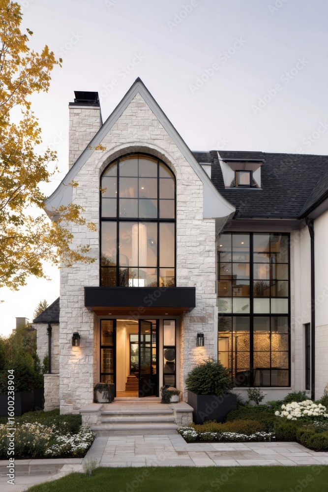 Modern architectural design of a stone house with large windows and a landscaped front garden during sunset in a suburban neighborhood Modern architectural design of a stone house with large windows and a landscaped front garden during sunset in a suburban neighborhood