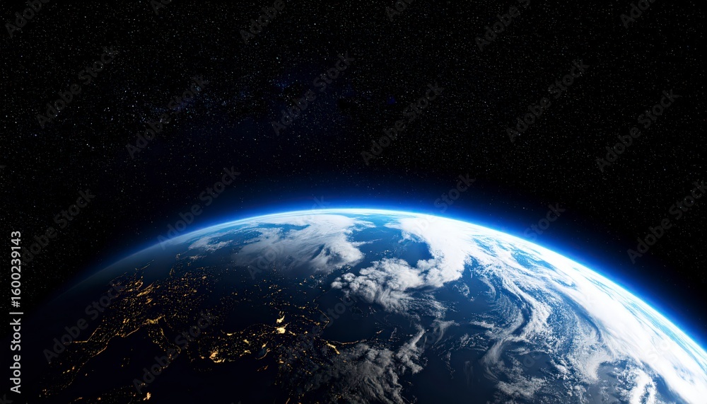 Obraz premium Realistic photo from low orbit, curved edge of Earth filling bottom of frame