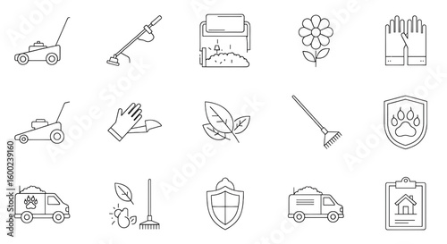 Garden tools and equipment icons lawn mower trimmer