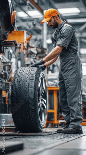 Vertical perspective of skilled worker aligning new tire on vehicle, uniform and safety gear visible, tidy auto shop background with concrete floor and mechanical equipment
