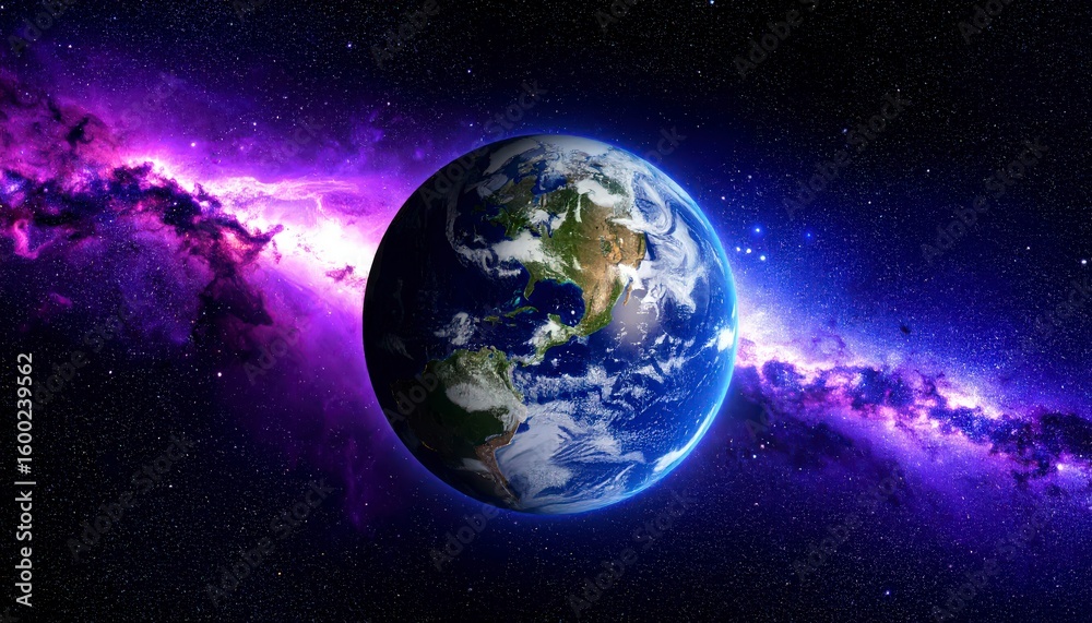 Obraz premium Side view of Earth partially hidden by intense purple plasma-like nebula