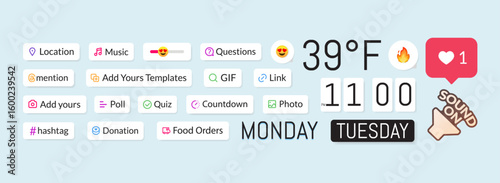 Colorful vector stickers for stories and reels. Includes polls, quizzes, hashtags, links, countdowns, mentions, location, GIFs, music, emoji sliders, days, clocks.