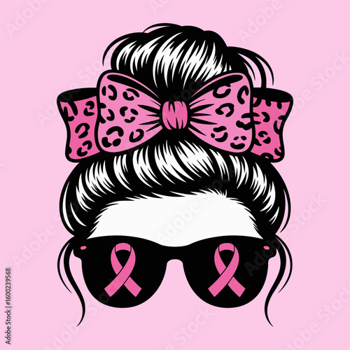 Woman with Sunglasses and Pink Ribbon for Breast Cancer Awareness